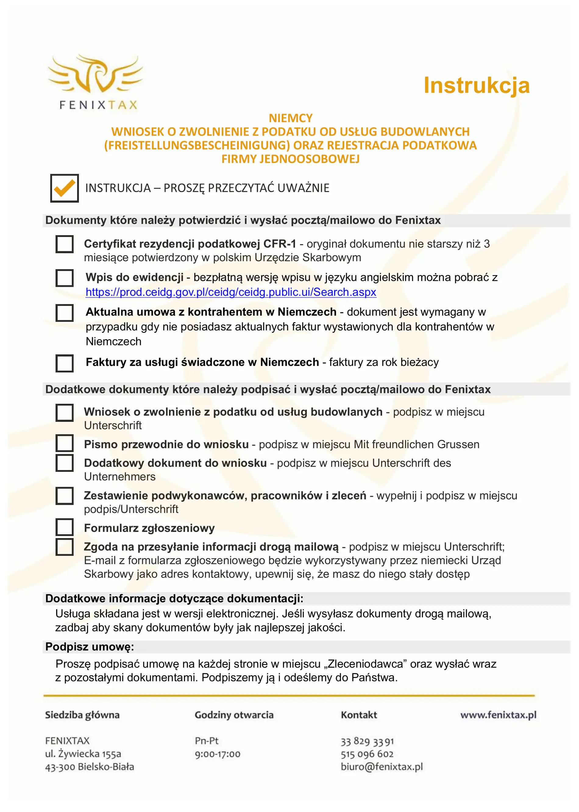 Pierwsza strona kompletu: instrukcja z listą dokumentów do zebrania i podpisania